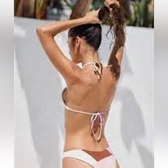 NWT  L*Space Sea Glass Color Block Bikini Swim Top Brown Pink Halter XL Bitsy - Picture 2 of 10